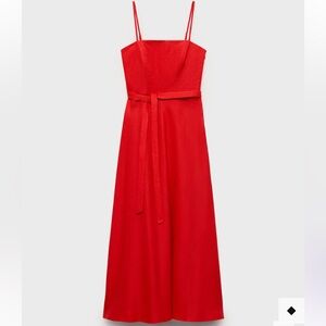 Mango LINEN Red Spaghetti-Strap Maxi Dress with Self-Tie Belt